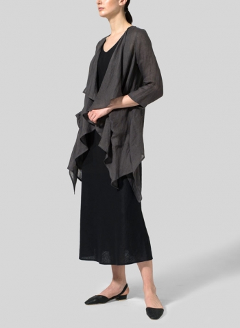 Carbon Black Woven Linen Waterfall Open Jacket Set