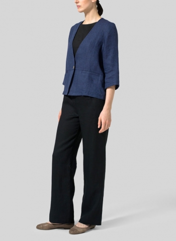 Dark Blue Weave Linen Boxy Fit Jacket