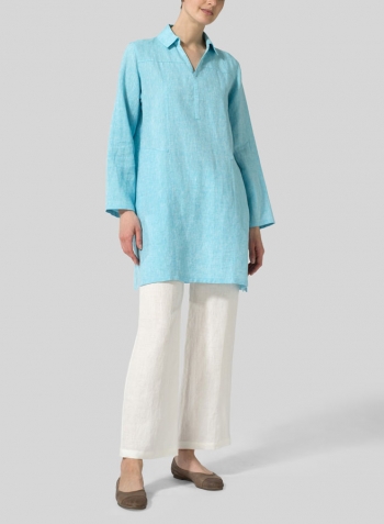 Azure Blue Linen L/Sleeves V-Neck Tunic