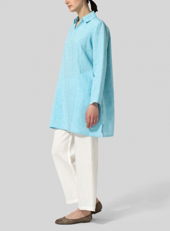 Azure Blue Linen L/Sleeves V-Neck Tunic