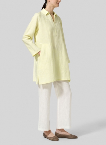 Lime Yellow Linen L/Sleeves V-Neck Tunic