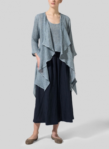 Dark Sky Blue Linen Waterfall Open Gauze Jacket
