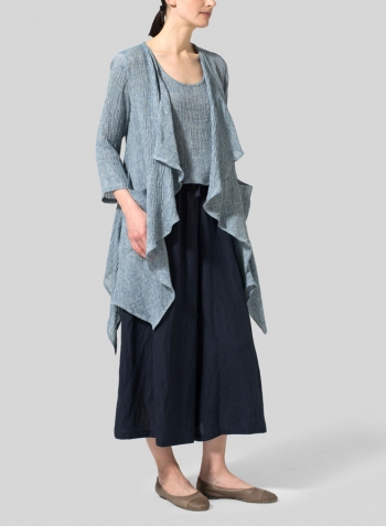 Dark Sky Blue Linen Waterfall Open Gauze Jacket