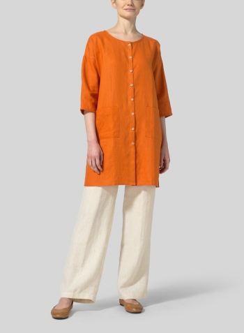 Orange Linen Round Neck Button Front Top