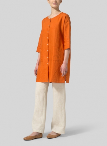 Orange Linen Round Neck Button Front Top