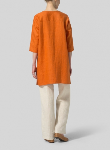 Orange Linen Round Neck Button Front Top