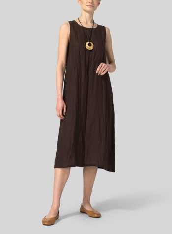 Brown Linen Sleeveless Midi Dress