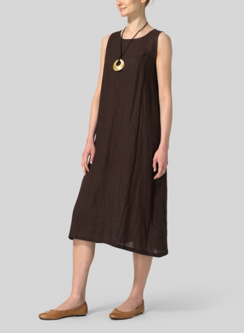 Brown Linen Sleeveless Midi Dress