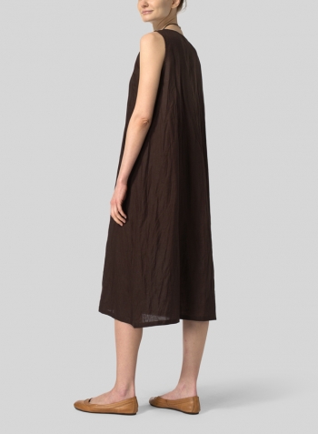 Brown Linen Sleeveless Midi Dress