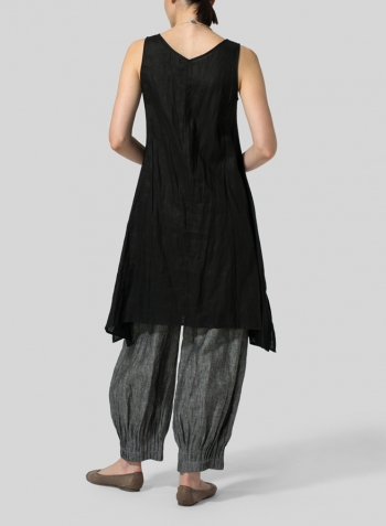 Black Linen Sleeveless Crumple Effect Long Blouse Set