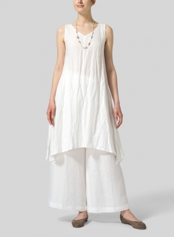 White Linen Sleeveless Crumple Effect Long Blouse Set