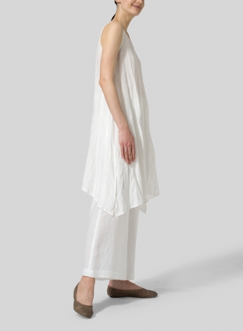 White Linen Sleeveless Crumple Effect Long Blouse Set