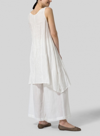 White Linen Sleeveless Crumple Effect Long Blouse Set