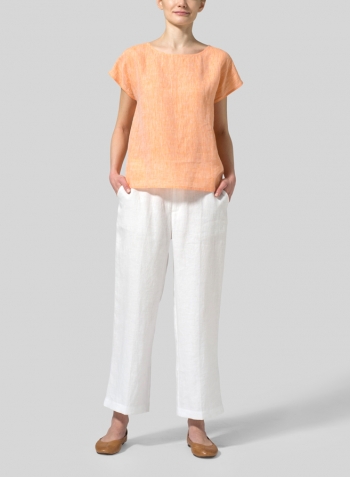 Two Tone Orange Linen Cap-sleeve Pullover Top