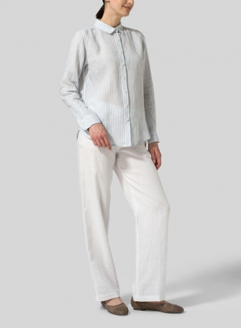 Powder Blue Stripe Linen Classic Long Sleeve Shirt