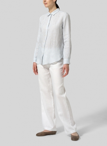 Powder Blue Stripe Linen Classic Long Sleeve Shirt