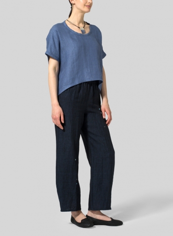 Blue Linen Classic Dropped Shoulder Top Set