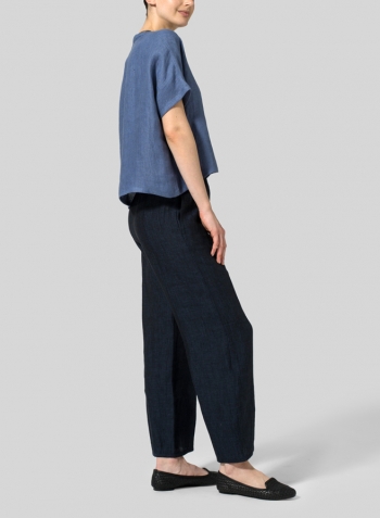 Blue Linen Classic Dropped Shoulder Top Set