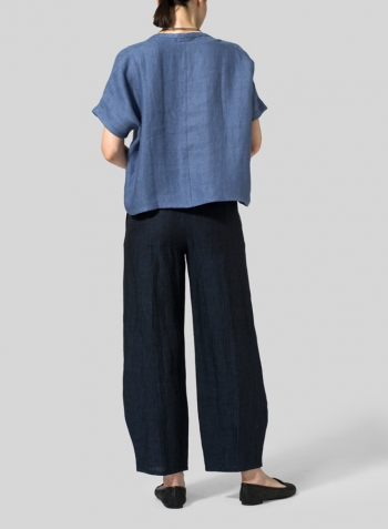 Blue Linen Classic Dropped Shoulder Top Set