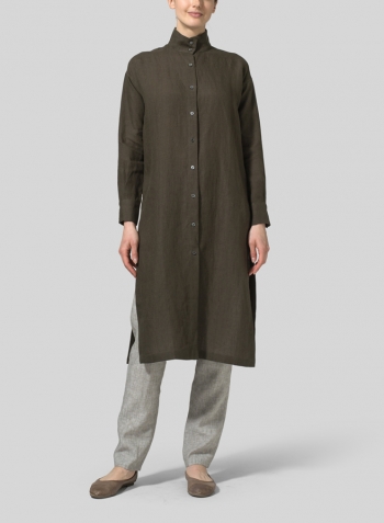 Dark Olive Brown Linen High Stand Collar Long Shirt