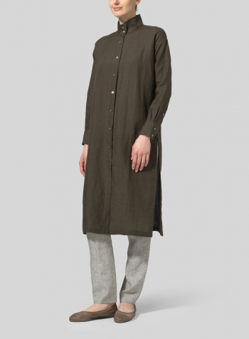 Dark Olive Brown Linen High Stand Collar Long Shirt