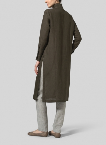 Dark Olive Brown Linen High Stand Collar Long Shirt