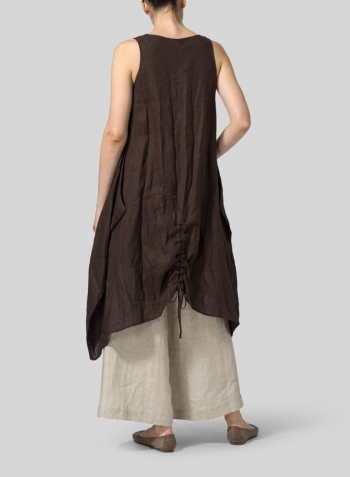 Brown Linen Asymmetrical Hem Sleeveless Dress