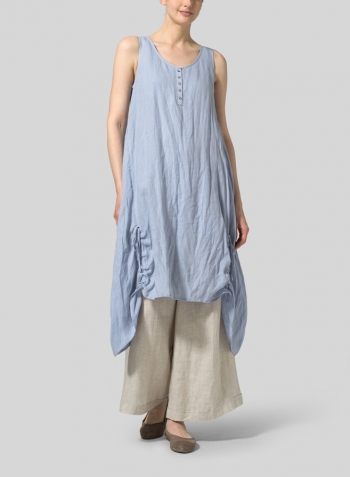Light Pale Blue Linen Asymmetrical Hem Sleeveless Dress