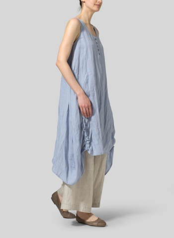 Light Pale Blue Linen Asymmetrical Hem Sleeveless Dress