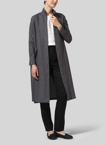 Charcoal Gray Linen High Stand Collar Long Shirt