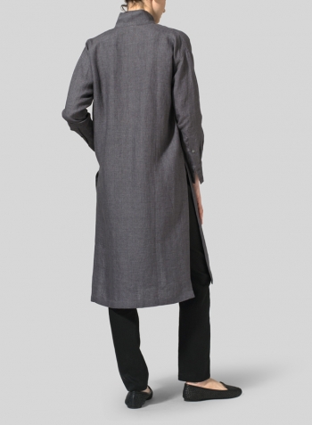 Charcoal Gray Linen High Stand Collar Long Shirt