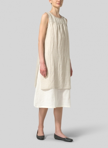 Off White Linen Sleeveless Midi Dress Set