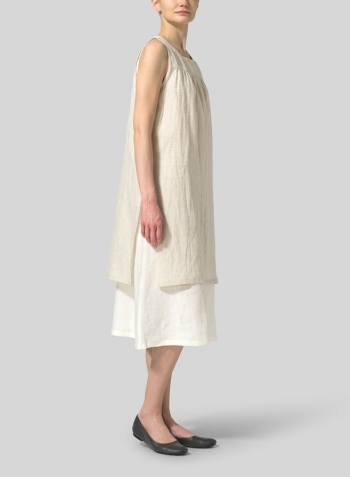 Off White Linen Sleeveless Midi Dress Set