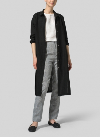 Black Linen High Stand Collar Long Shirt