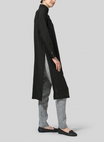 Black Linen High Stand Collar Long Shirt