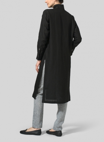 Black Linen High Stand Collar Long Shirt