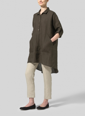 Dark Olive Brown Linen Classic Collar A Shape Tunic