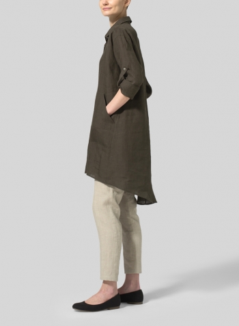 Dark Olive Brown Linen Classic Collar A Shape Tunic