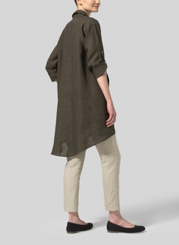 Dark Olive Brown Linen Classic Collar A Shape Tunic