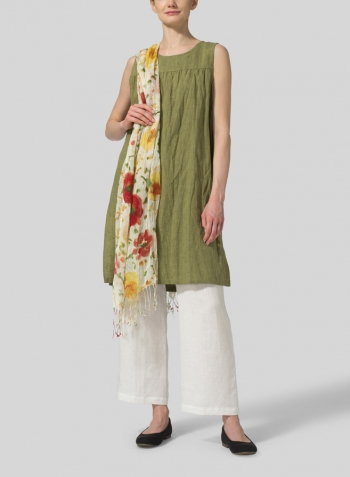 Pale Olive Linen Knee-Length Sleeveless Long Top Set