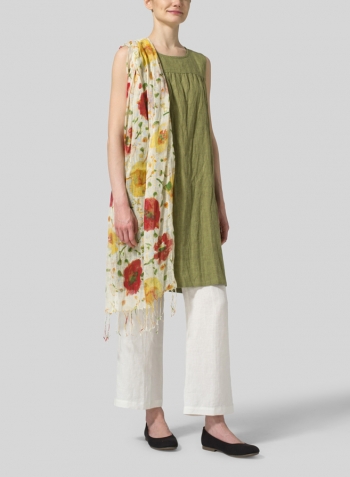 Pale Olive Linen Knee-Length Sleeveless Long Top Set