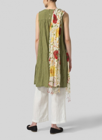 Pale Olive Linen Knee-Length Sleeveless Long Top Set