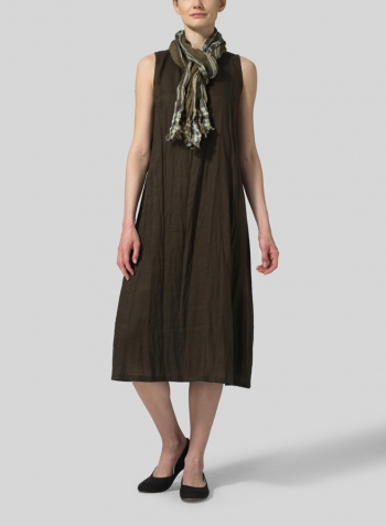 Olive Brown Linen Sleeveless Midi Dress With Scarf