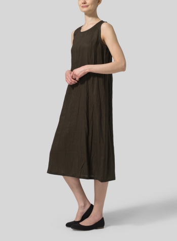 Olive Brown Linen Sleeveless Midi Dress With Scarf