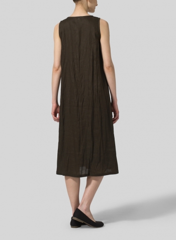 Olive Brown Linen Sleeveless Midi Dress With Scarf