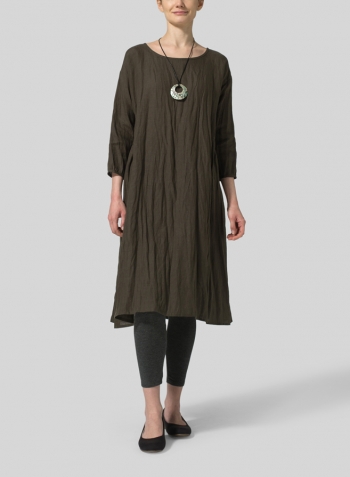 Dark Olive Brown Linen A-Line Round Neck Dress Set