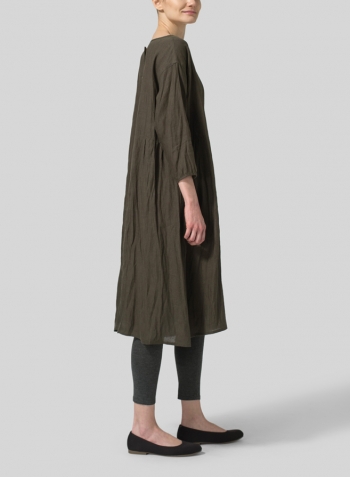 Dark Olive Brown Linen A-Line Round Neck Dress Set