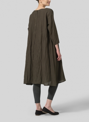 Dark Olive Brown Linen A-Line Round Neck Dress Set