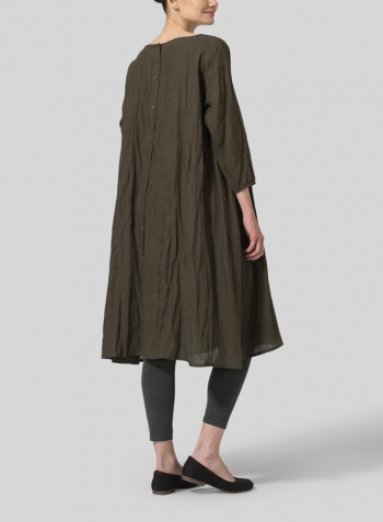 Dark Olive Brown Linen A-Line Round Neck Dress Set