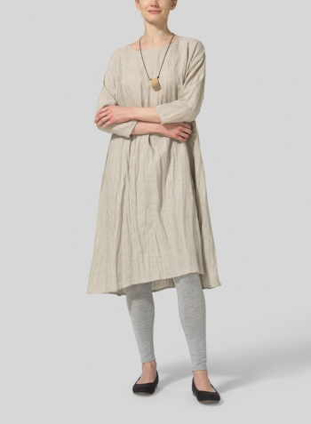 Oat Linen A-Line Round Neck Dress With Necklace